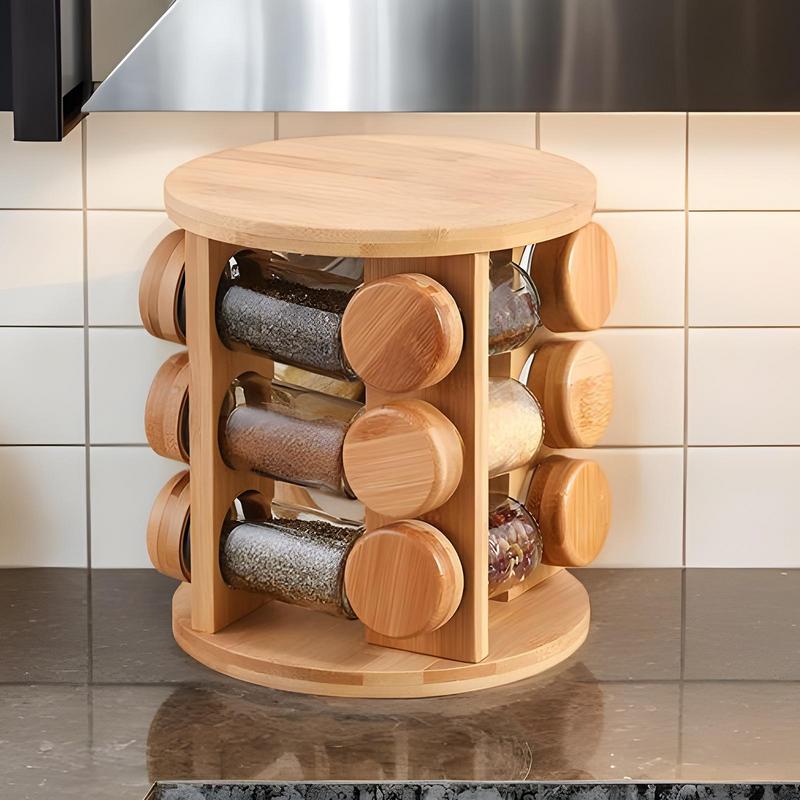 Luxury Wooden Rotating Spice Rack Organizer – 8 Glass Jars with Bamboo Lids