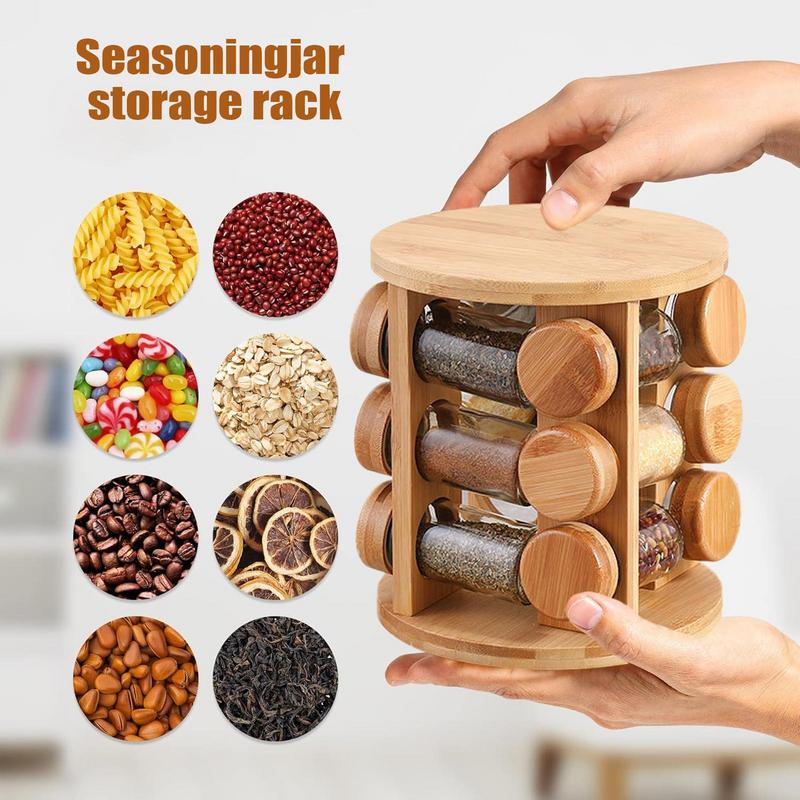 Luxury Wooden Rotating Spice Rack Organizer – 8 Glass Jars with Bamboo Lids