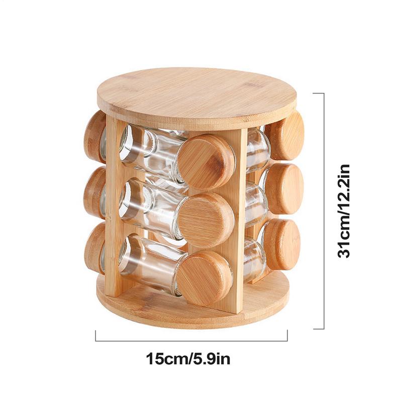 Luxury Wooden Rotating Spice Rack Organizer – 8 Glass Jars with Bamboo Lids