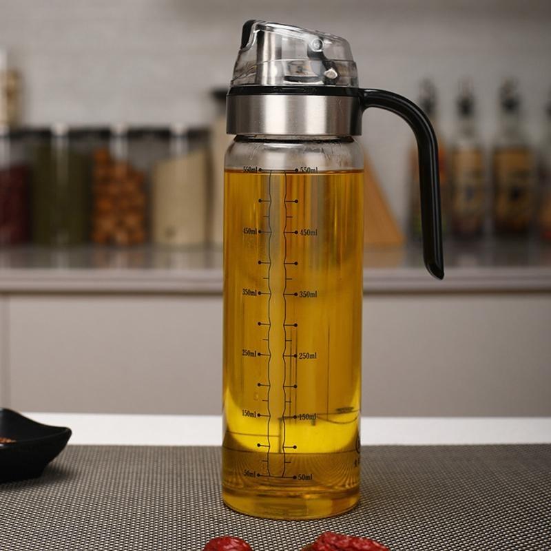 Transparent Oil Dispenser Bottle with Handle – Leakproof Glass Olive Oil & Vinegar Container with Measurement Markings for Kitchen Use