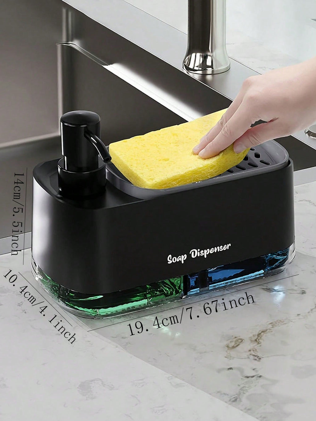Kitchen Dishwashing Soap Dispenser with Dual Compartments & Sponge Tray