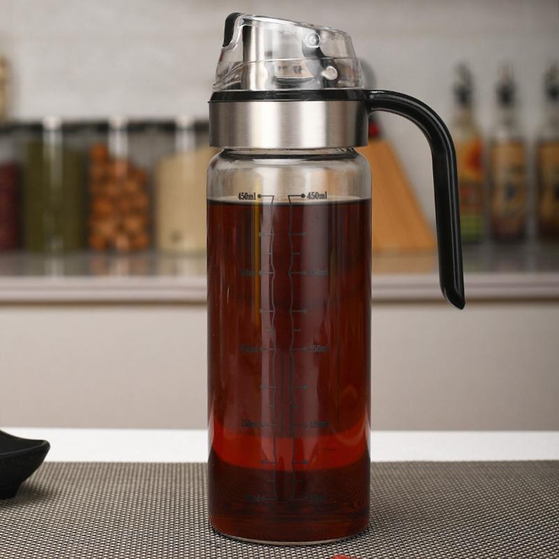 Transparent Oil Dispenser Bottle with Handle – Leakproof Glass Olive Oil & Vinegar Container with Measurement Markings for Kitchen Use