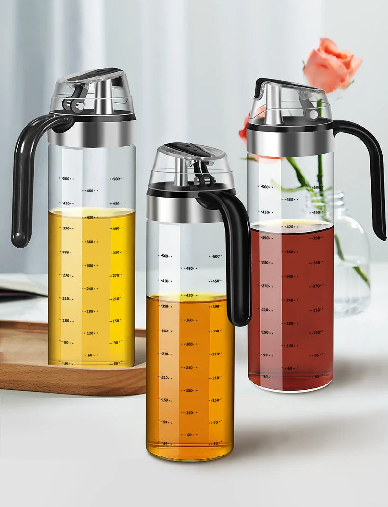Transparent Oil Dispenser Bottle with Handle – Leakproof Glass Olive Oil & Vinegar Container with Measurement Markings for Kitchen Use