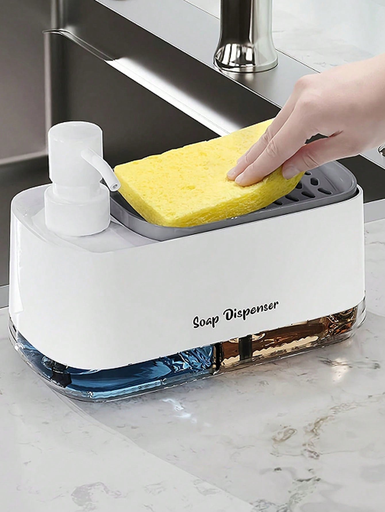 Kitchen Dishwashing Soap Dispenser with Dual Compartments & Sponge Tray