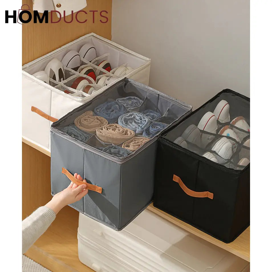 12-Grid Foldable Shoe Storage Box with Transparent Lid & Handles – Space-Saving Organizer for Sneakers, Heels & Sandals