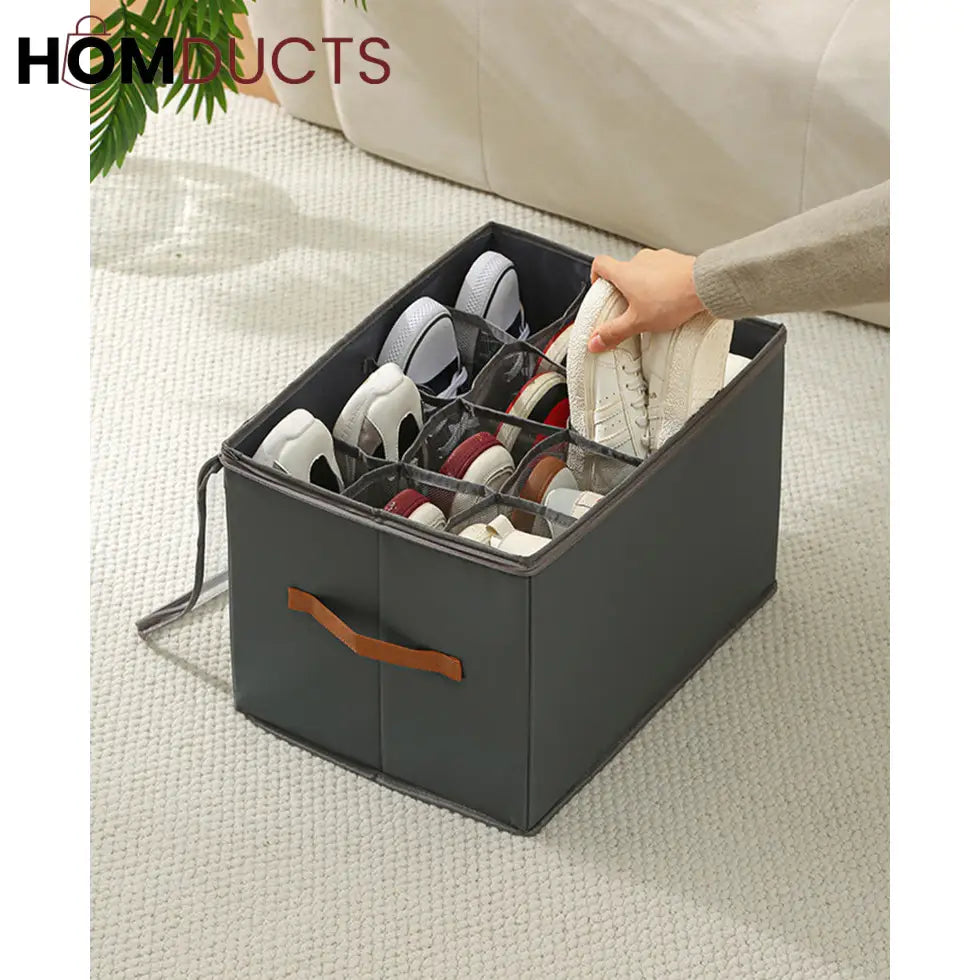 12-Grid Foldable Shoe Storage Box with Transparent Lid & Handles – Space-Saving Organizer for Sneakers, Heels & Sandals