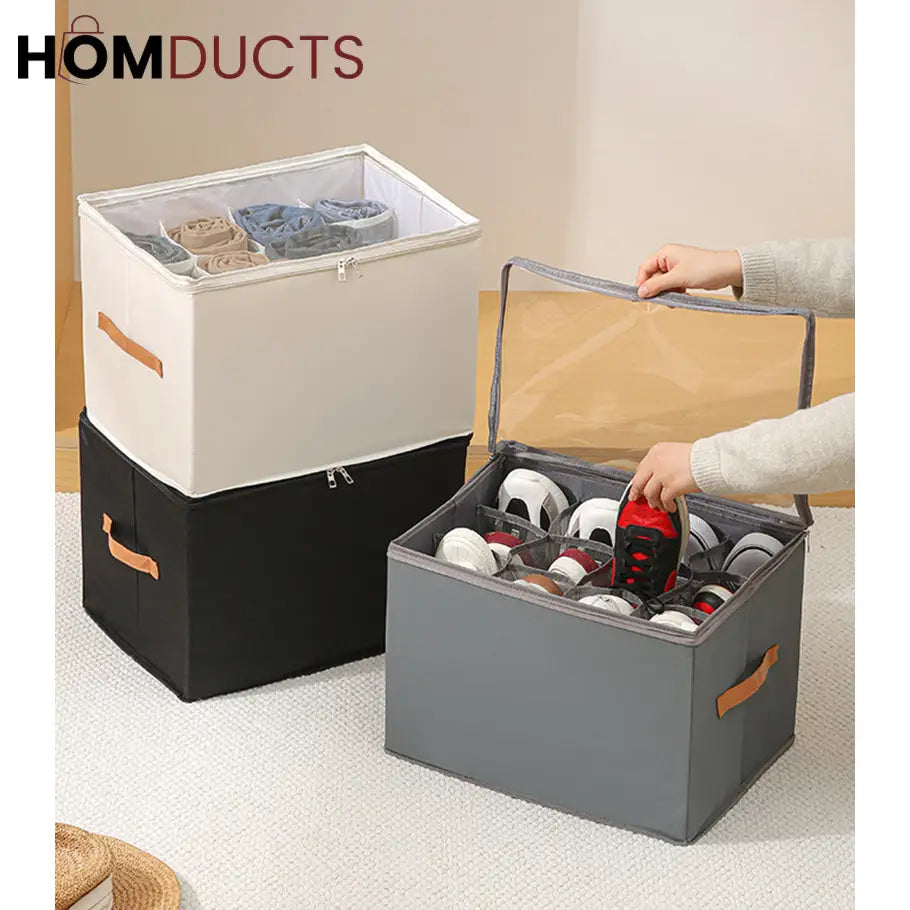 12-Grid Foldable Shoe Storage Box with Transparent Lid & Handles – Space-Saving Organizer for Sneakers, Heels & Sandals