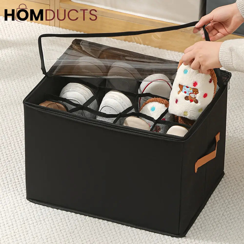 12-Grid Foldable Shoe Storage Box with Transparent Lid & Handles – Space-Saving Organizer for Sneakers, Heels & Sandals