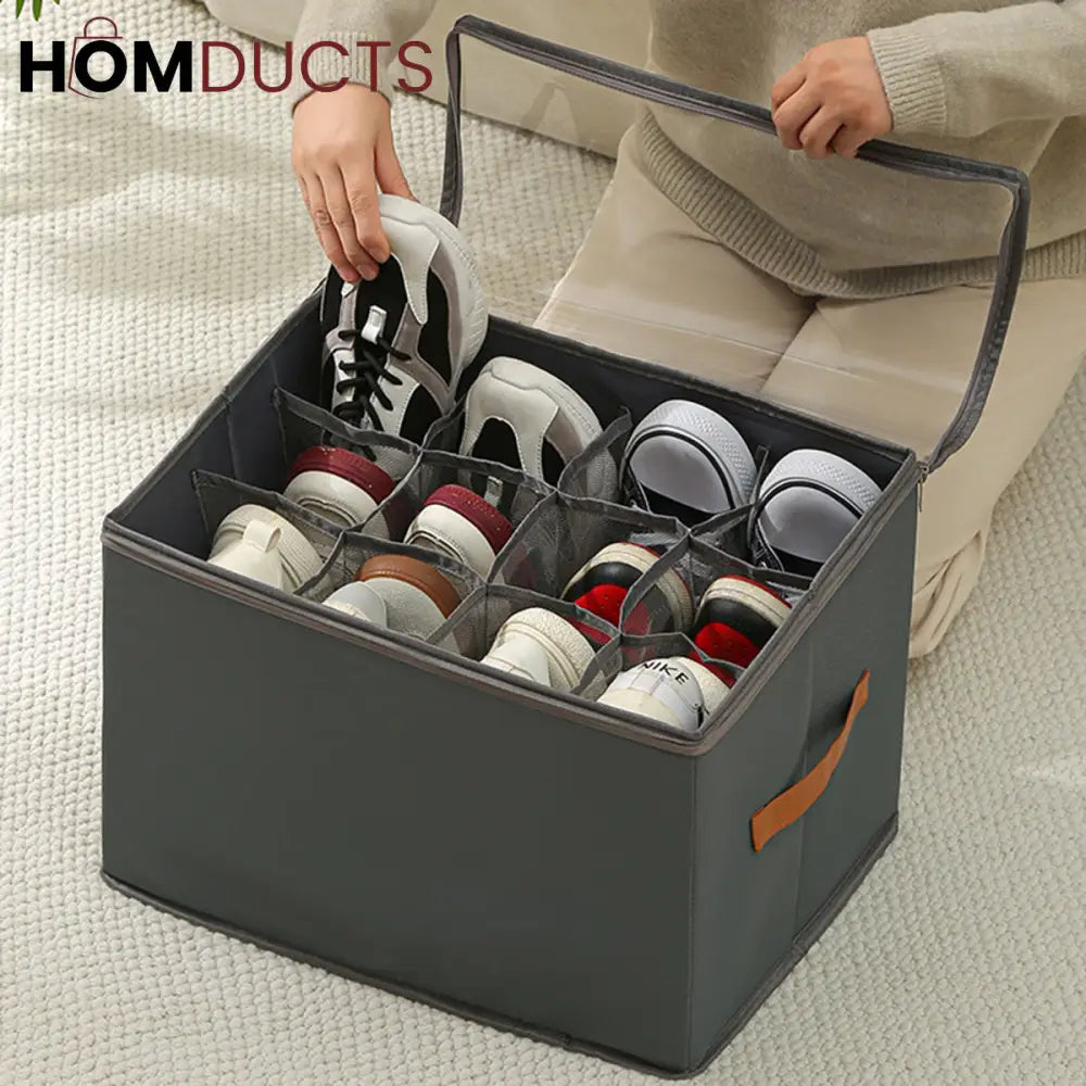 12-Grid Foldable Shoe Storage Box with Transparent Lid & Handles – Space-Saving Organizer for Sneakers, Heels & Sandals