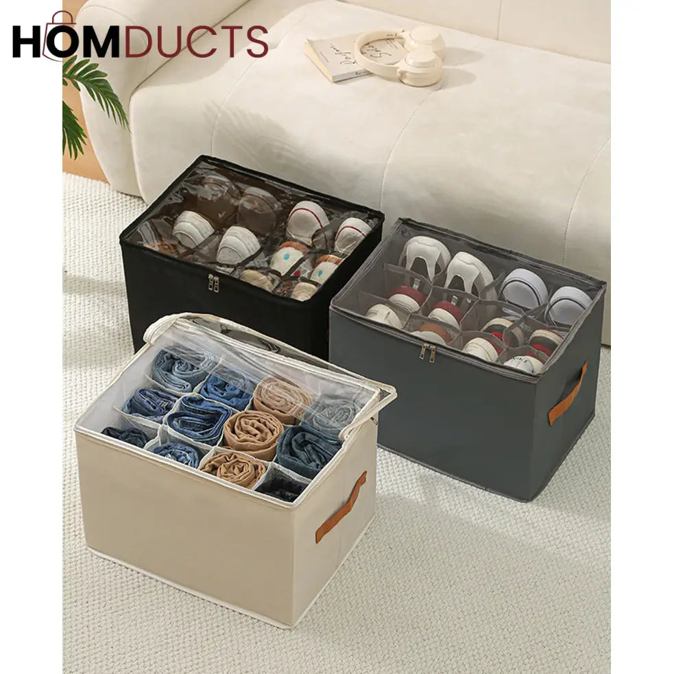 12-Grid Foldable Shoe Storage Box with Transparent Lid & Handles – Space-Saving Organizer for Sneakers, Heels & Sandals