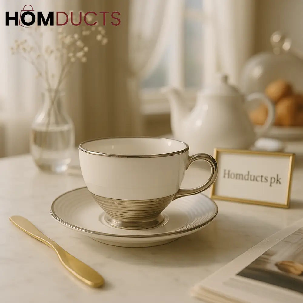 12-Piece Luxury Silver Rimmed Porcelain Cup & Coaster Set – Premium Café Style