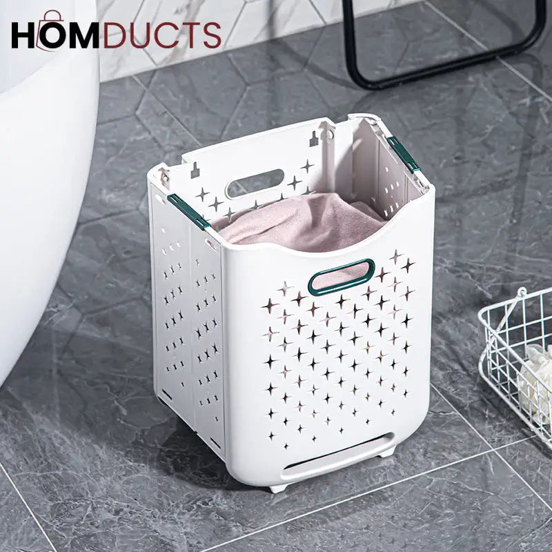2-Tier Rolling Laundry Basket with Handle – Folding Star-Cut Clothes Hamper Trolley