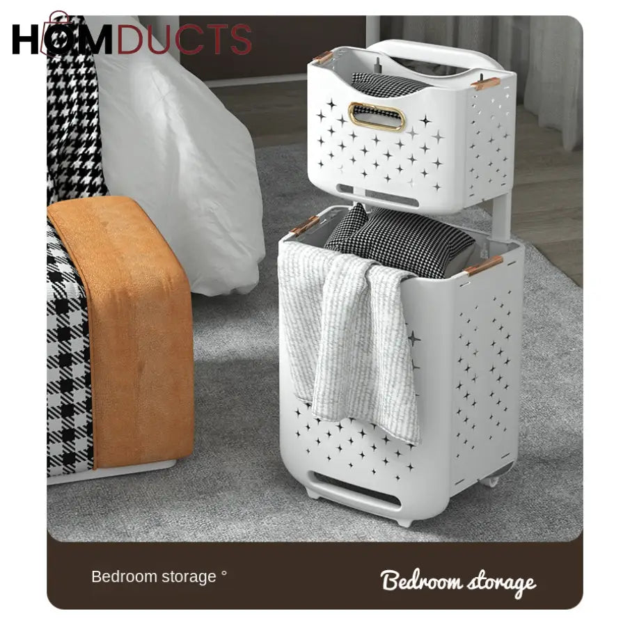 2-Tier Rolling Laundry Basket with Handle – Folding Star-Cut Clothes Hamper Trolley
