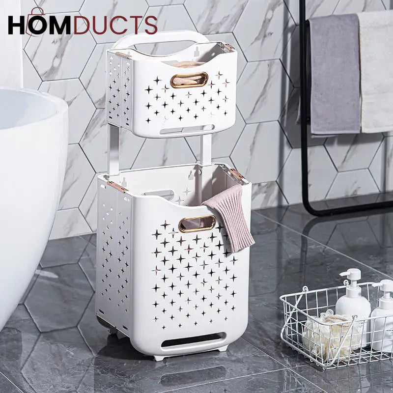 2-Tier Rolling Laundry Basket with Handle – Folding Star-Cut Clothes Hamper Trolley