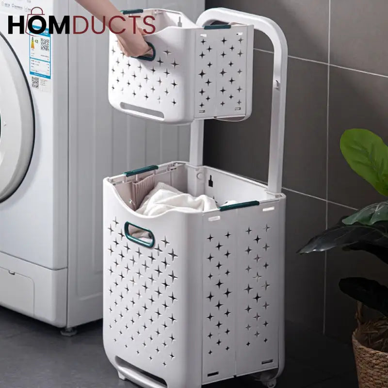 2-Tier Rolling Laundry Basket with Handle – Folding Star-Cut Clothes Hamper Trolley