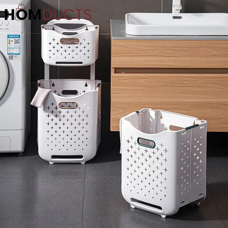 2-Tier Rolling Laundry Basket with Handle – Folding Star-Cut Clothes Hamper Trolley