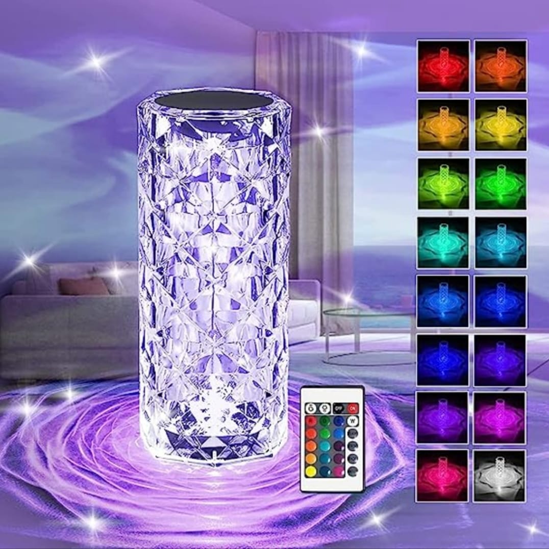 16 Colors Crystal Lamp With Remote | RGB Rose Diamond Table Lamp Rechargeable | Diamond Crystal LED Light Lamp