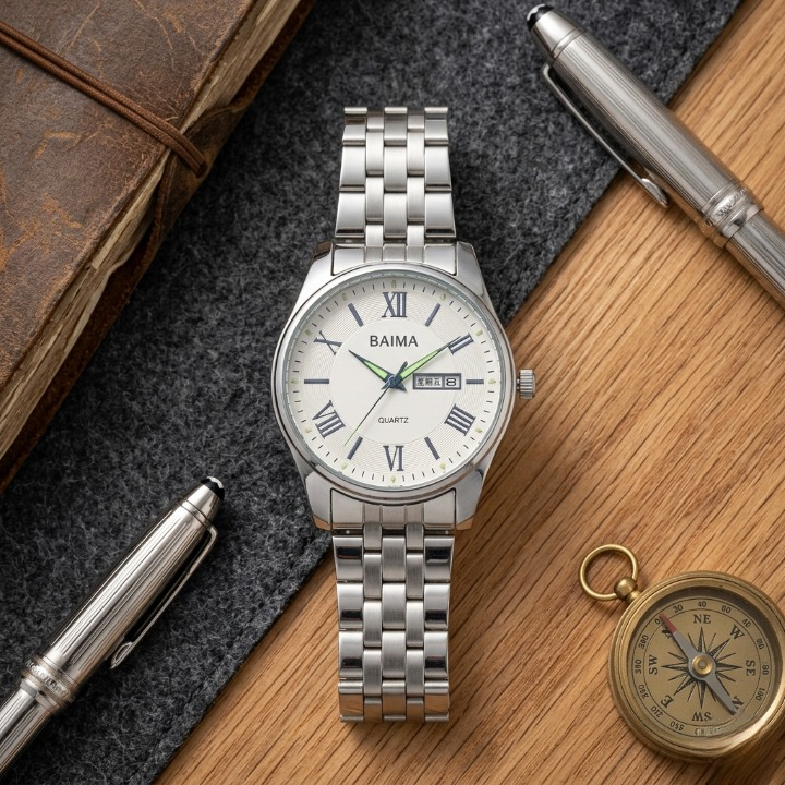 Baima Quartz Stainless Steel Wristwatch With Roman Numerals And Day Date Display | Black With Black Dial