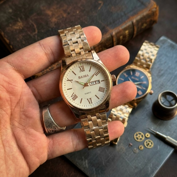 Baima Quartz Stainless Steel Wristwatch With Roman Numerals And Day Date Display | Black With Black Dial