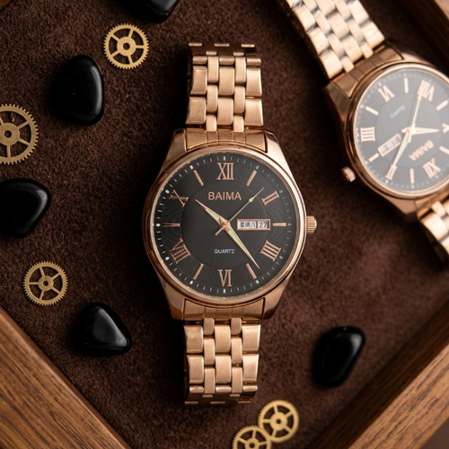 Baima Quartz Stainless Steel Wristwatch With Roman Numerals And Day Date Display | Black With Black Dial