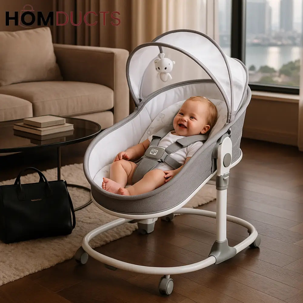 3-in-1 Luxury Baby Rocker & Bassinet – Convertible Recliner with Canopy, Music & Safety Harness