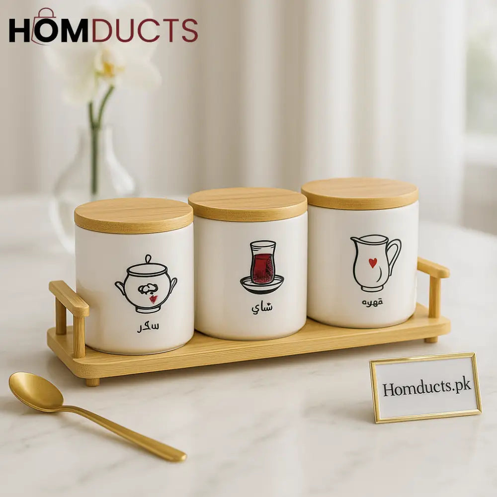 3-Piece Arabic Tea, Coffee & Sugar Jar Set with Bamboo Tray – White Ceramic Canisters with Wooden Lids