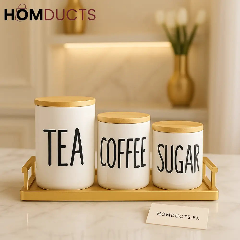 3-Piece Ceramic Tea, Coffee & Sugar Jar Set with Bamboo Lids – Premium Countertop Storage