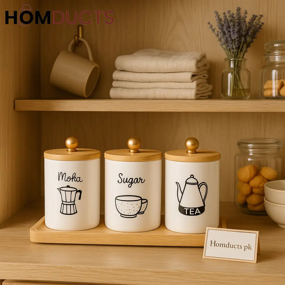 3-Piece Ceramic Tea, Coffee & Sugar Jar Set with Wooden Tray – Airtight Kitchen Storage