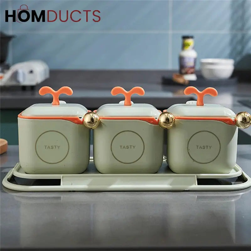 3-Piece Modern Spice Jar Set with Tray & Spoons – Airtight Containers for Kitchen Storage