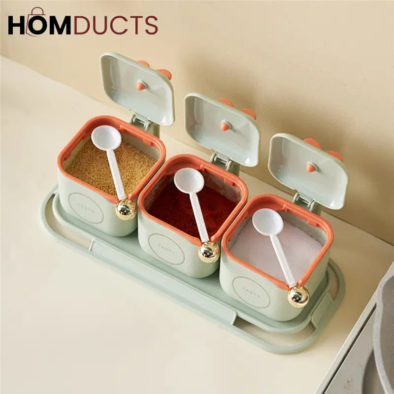 3-Piece Modern Spice Jar Set with Tray & Spoons – Airtight Containers for Kitchen Storage