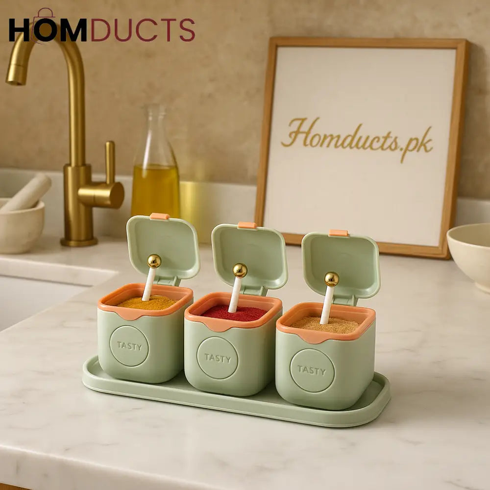 3-Piece Modern Spice Jar Set with Tray & Spoons – Airtight Containers for Kitchen Storage