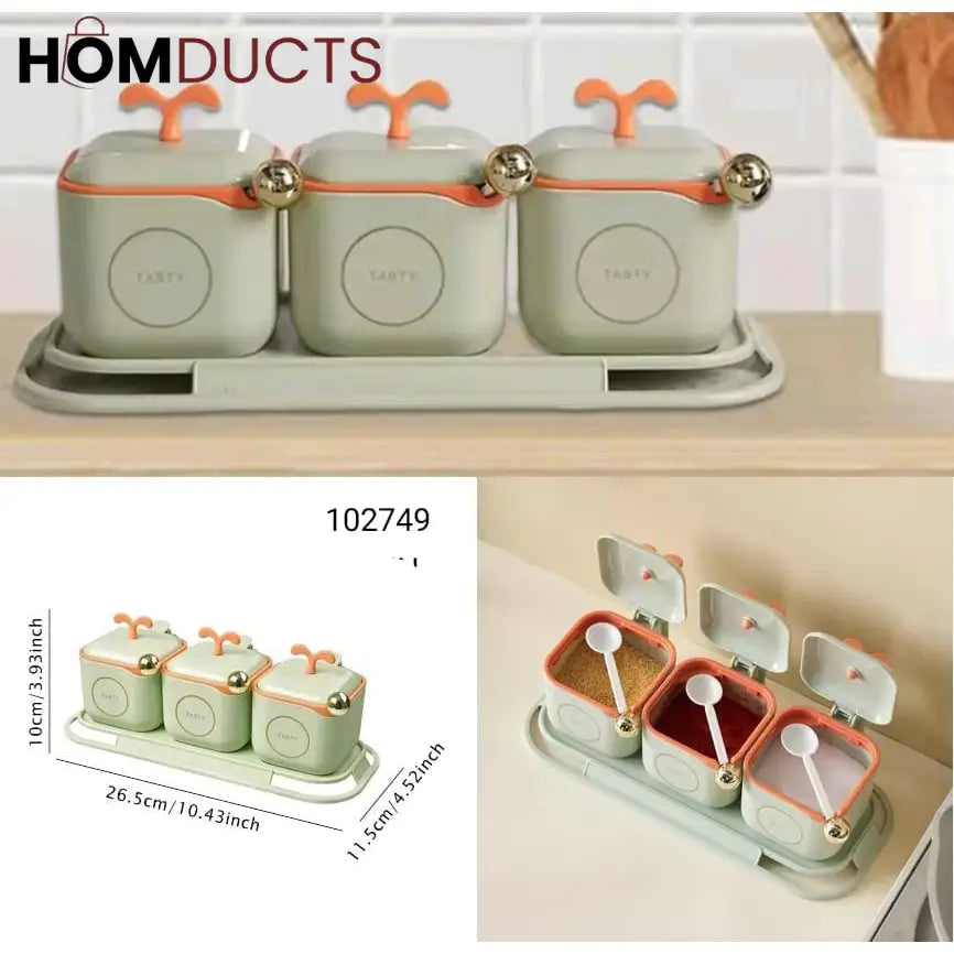 3-Piece Modern Spice Jar Set with Tray & Spoons – Airtight Containers for Kitchen Storage