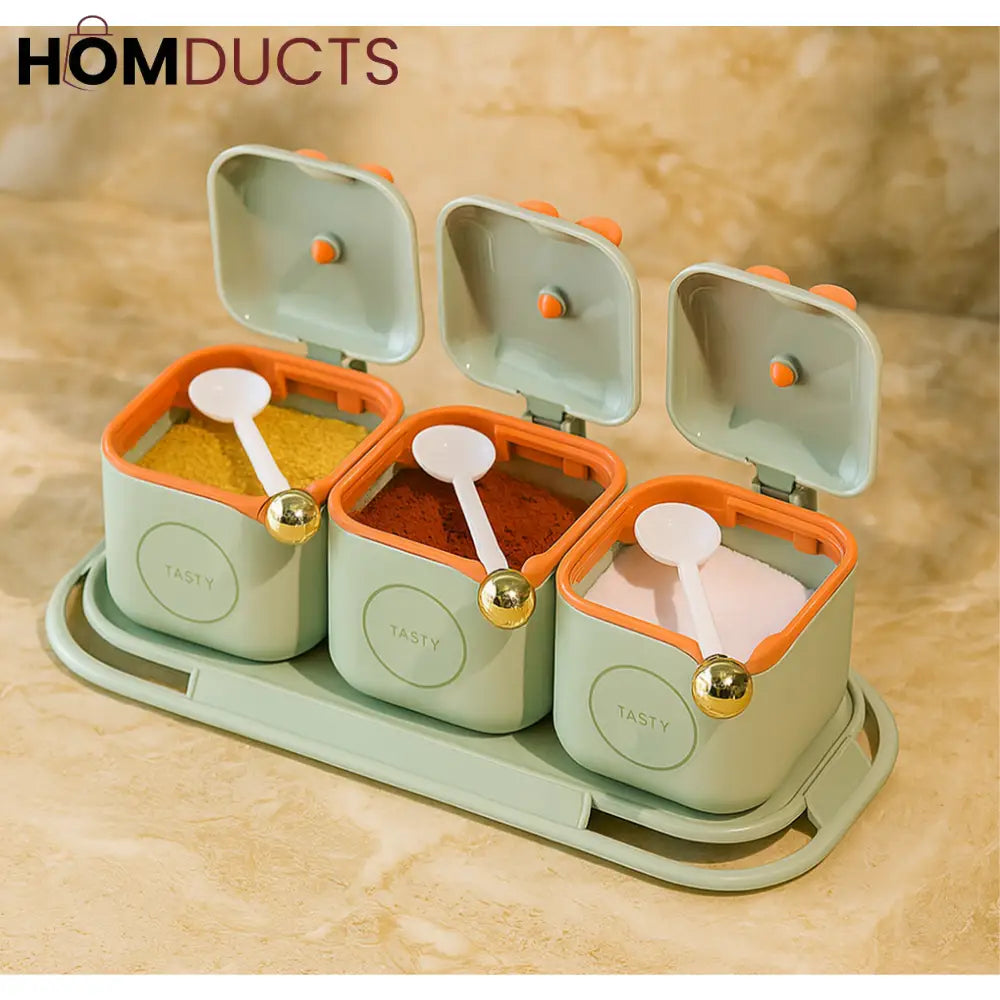 3-Piece Modern Spice Jar Set with Tray & Spoons – Airtight Containers for Kitchen Storage