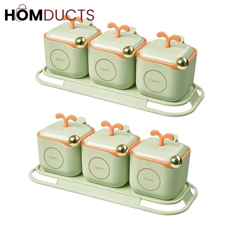 3-Piece Modern Spice Jar Set with Tray & Spoons – Airtight Containers for Kitchen Storage