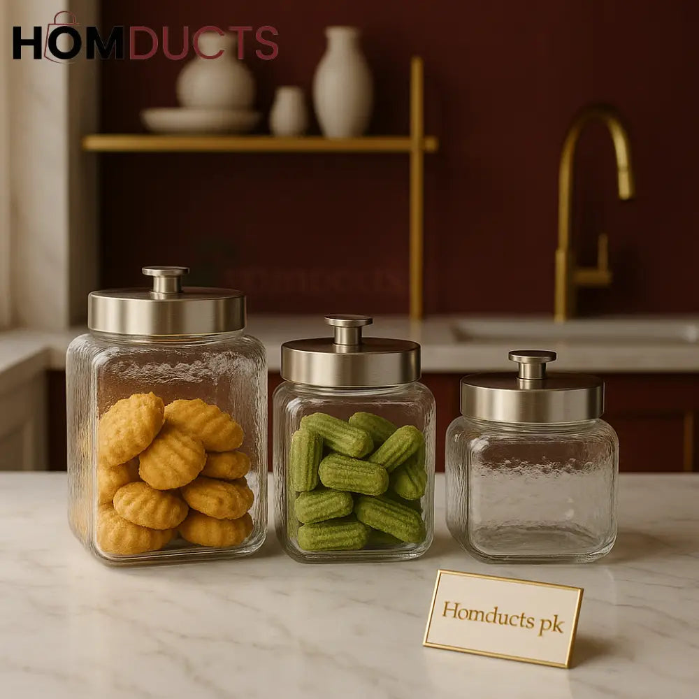 3-Piece Premium Glass Storage Jar Set with Airtight Steel Lids – Square Design