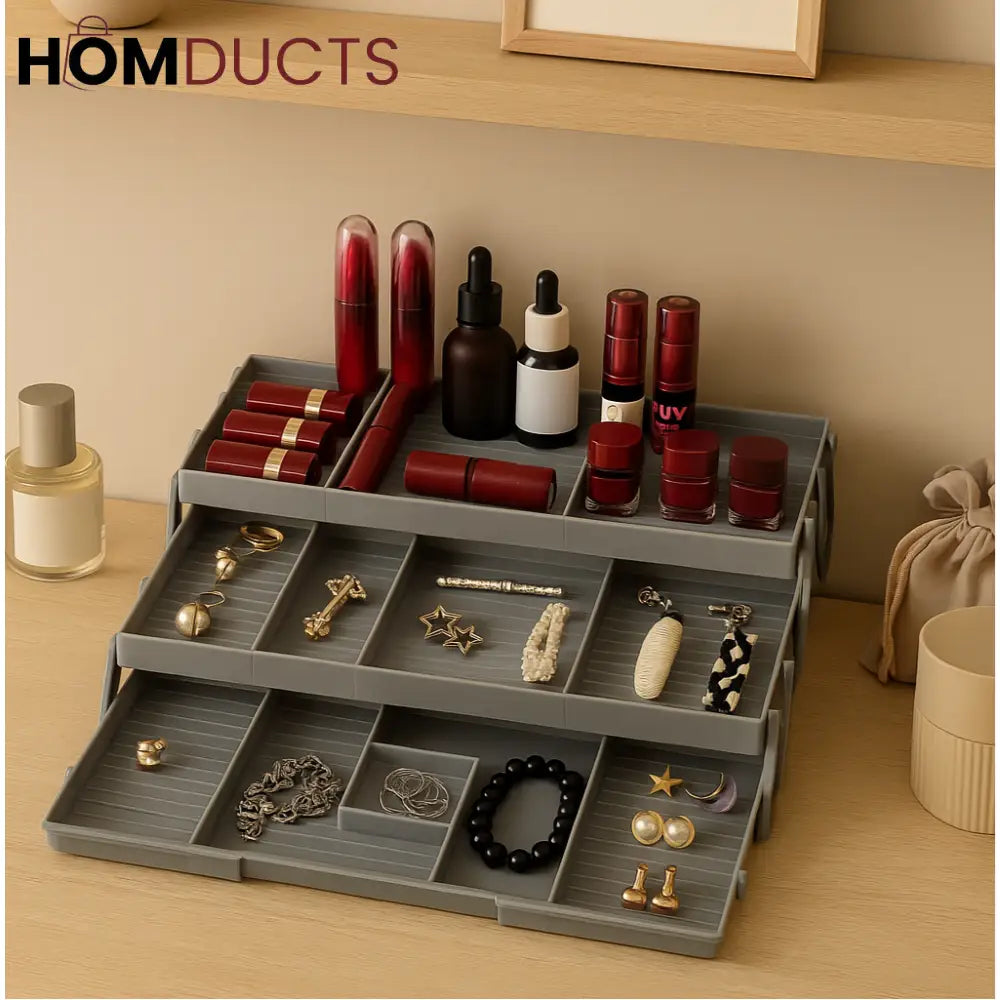 3-Tier Jewelry & Makeup Organizer Tray – Multi-Compartment Vanity Storage Box