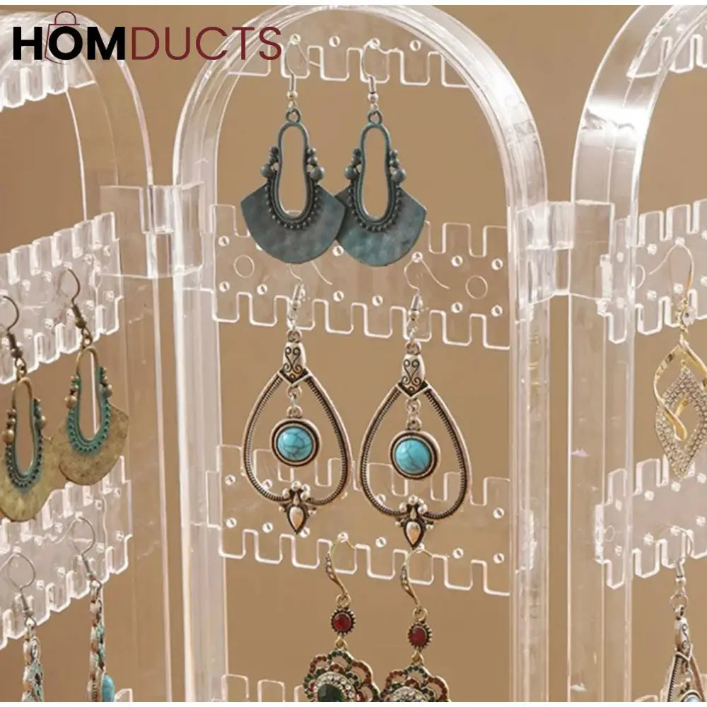 360° Luxe Rotating Jewelry Organizer – Transparent Acrylic Earring & Necklace Display Stand