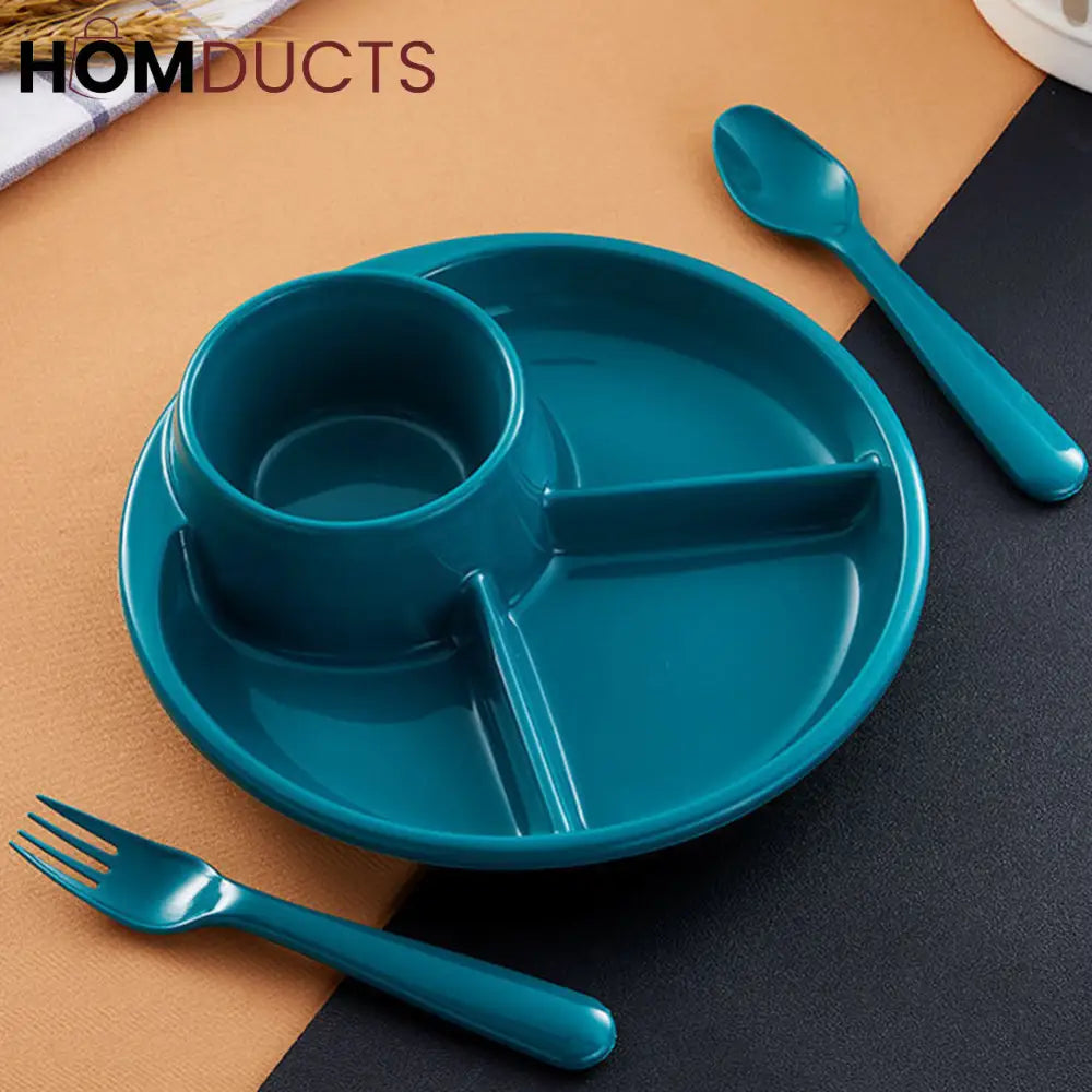 4 Compartment Round Plastic Dinner Plate With Fork Spoon Microwave safe