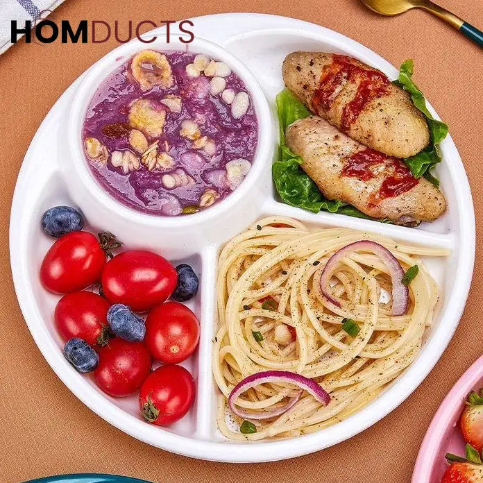 4 Compartment Round Plastic Dinner Plate With Fork Spoon Microwave safe