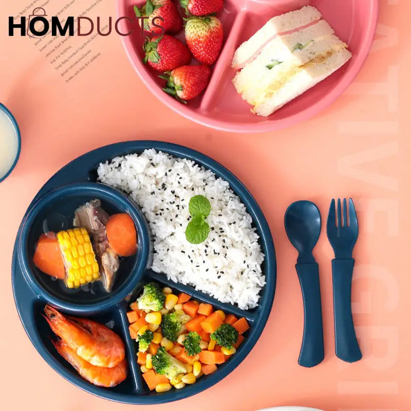 4 Compartment Round Plastic Dinner Plate With Fork Spoon Microwave safe