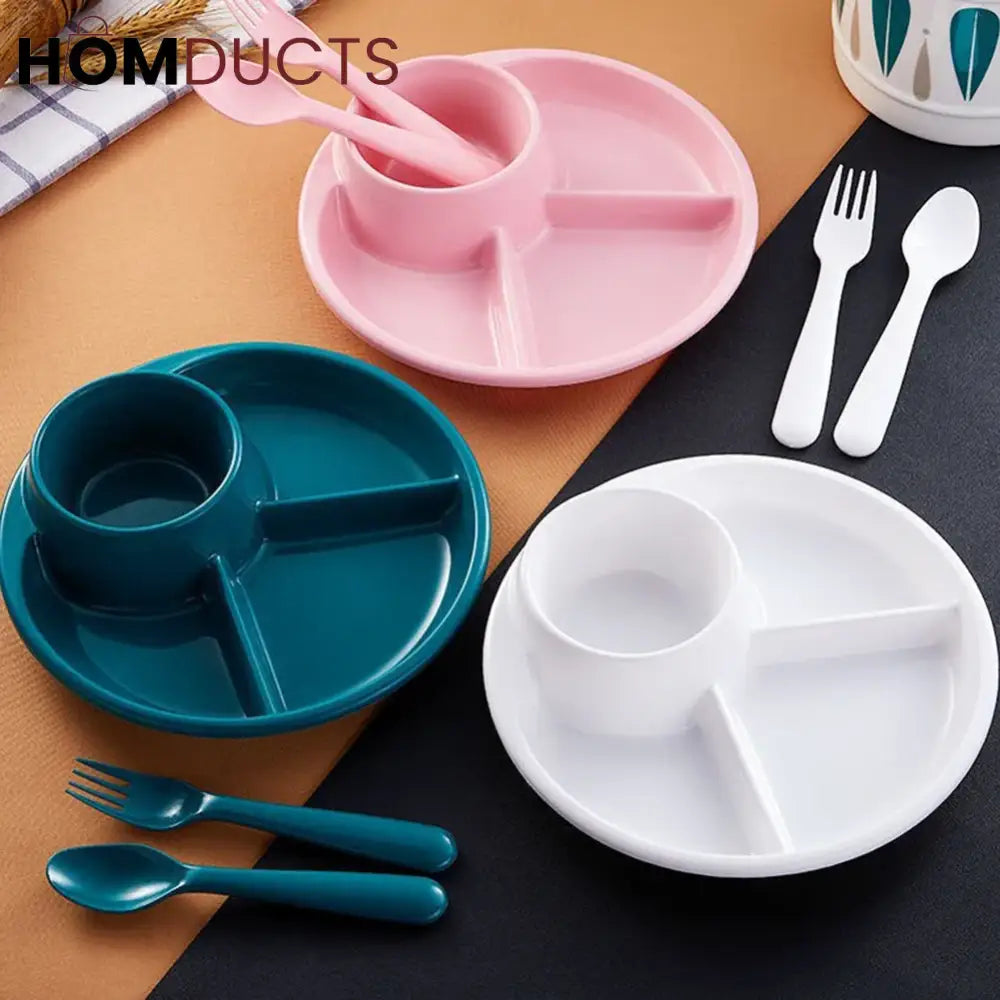 4 Compartment Round Plastic Dinner Plate With Fork Spoon Microwave safe