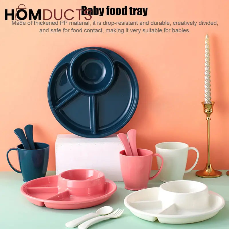 4 Compartment Round Plastic Dinner Plate With Fork Spoon Microwave safe