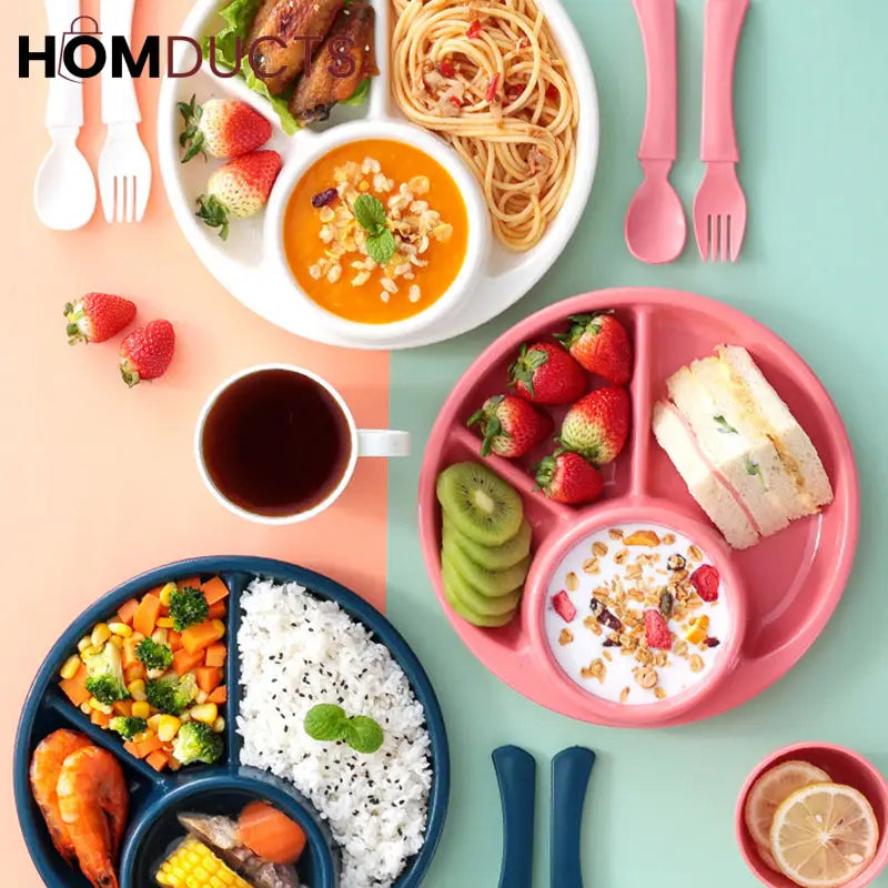 4 Compartment Round Plastic Dinner Plate With Fork Spoon Microwave safe