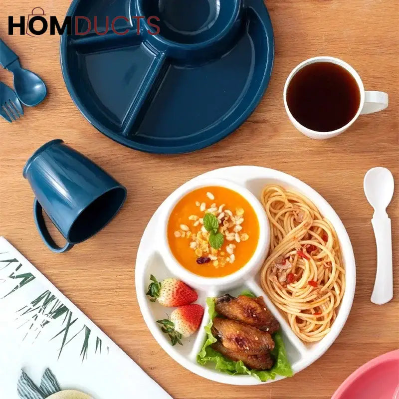 4 Compartment Round Plastic Dinner Plate With Fork Spoon Microwave safe