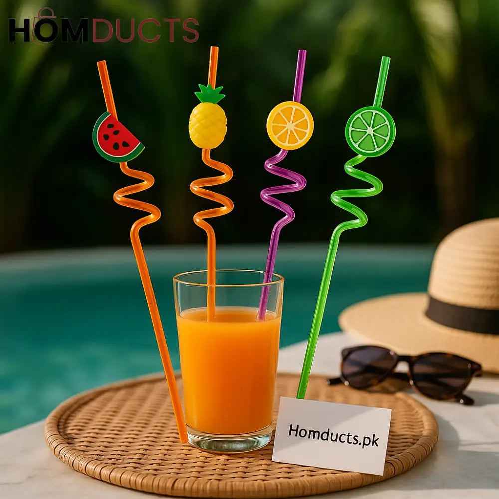 4-Piece Spiral Fruit-Topped Drinking Straws – Reusable Colorful Party Straws