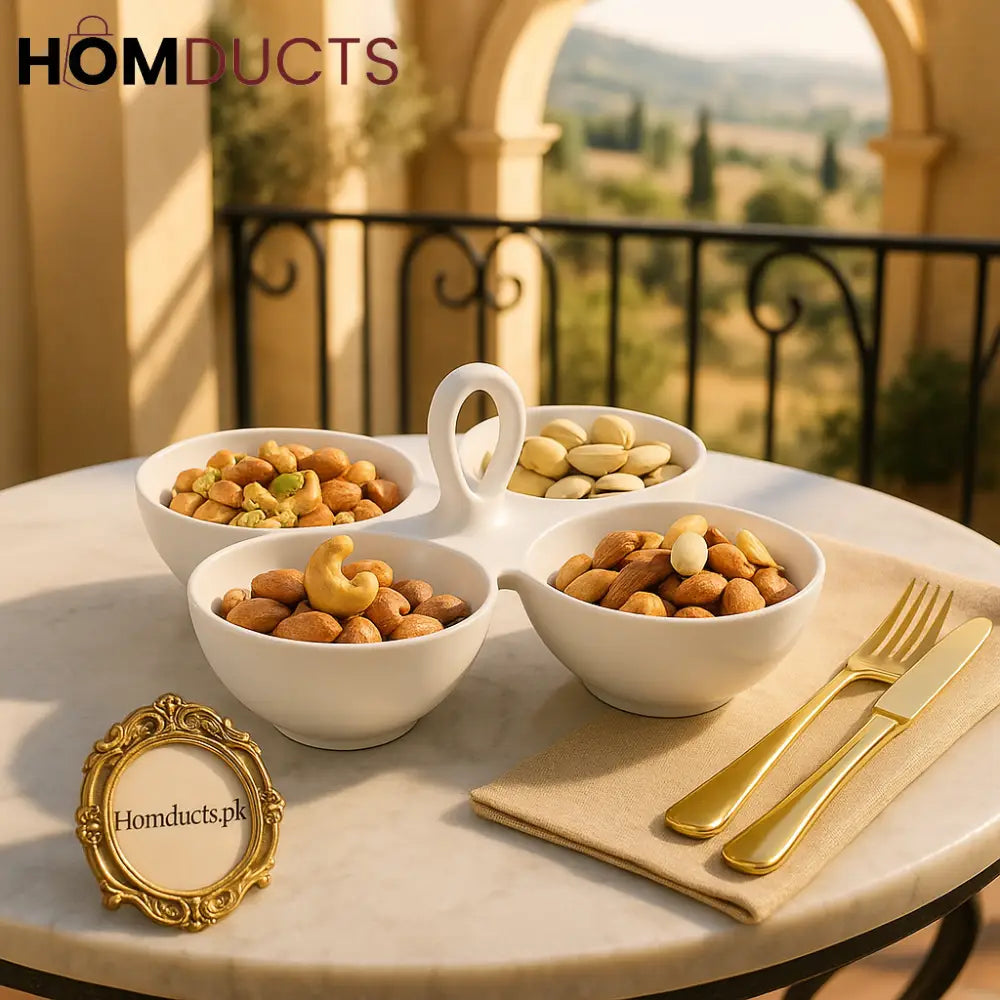4-Section Ceramic Nut & Snack Server with Handle – Elegant White Sharing Bowl