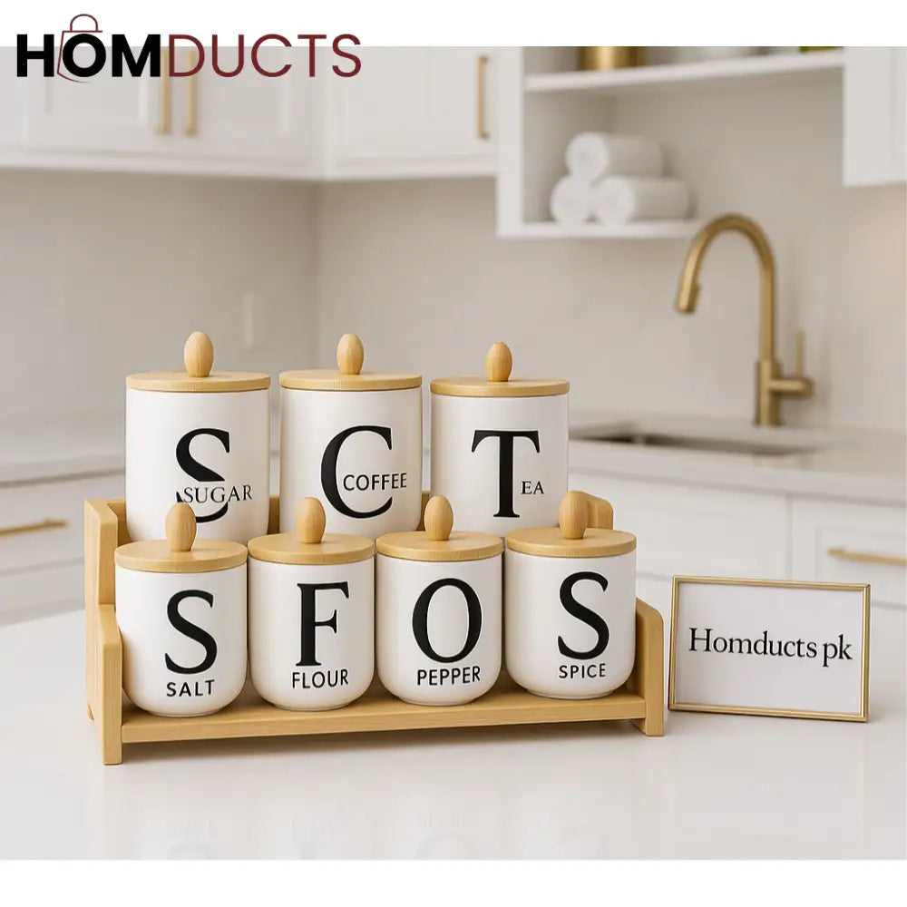 6-Piece Premium Ceramic Kitchen Jar Set with Bamboo Lids & Wooden Rack – Sugar, Coffee, Tea, Spice Storage