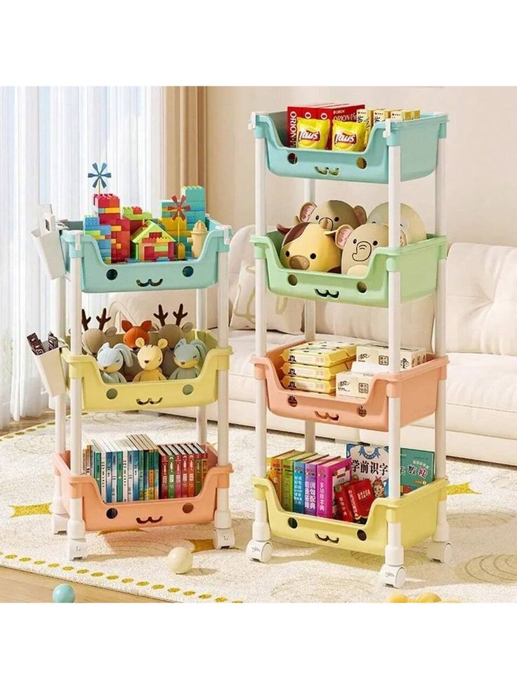 Kids Multi-Tier Toy Storage Organizer with Cute Cartoon Bins & Wheels – Durable Plastic Shelf for Playroom & Nursery