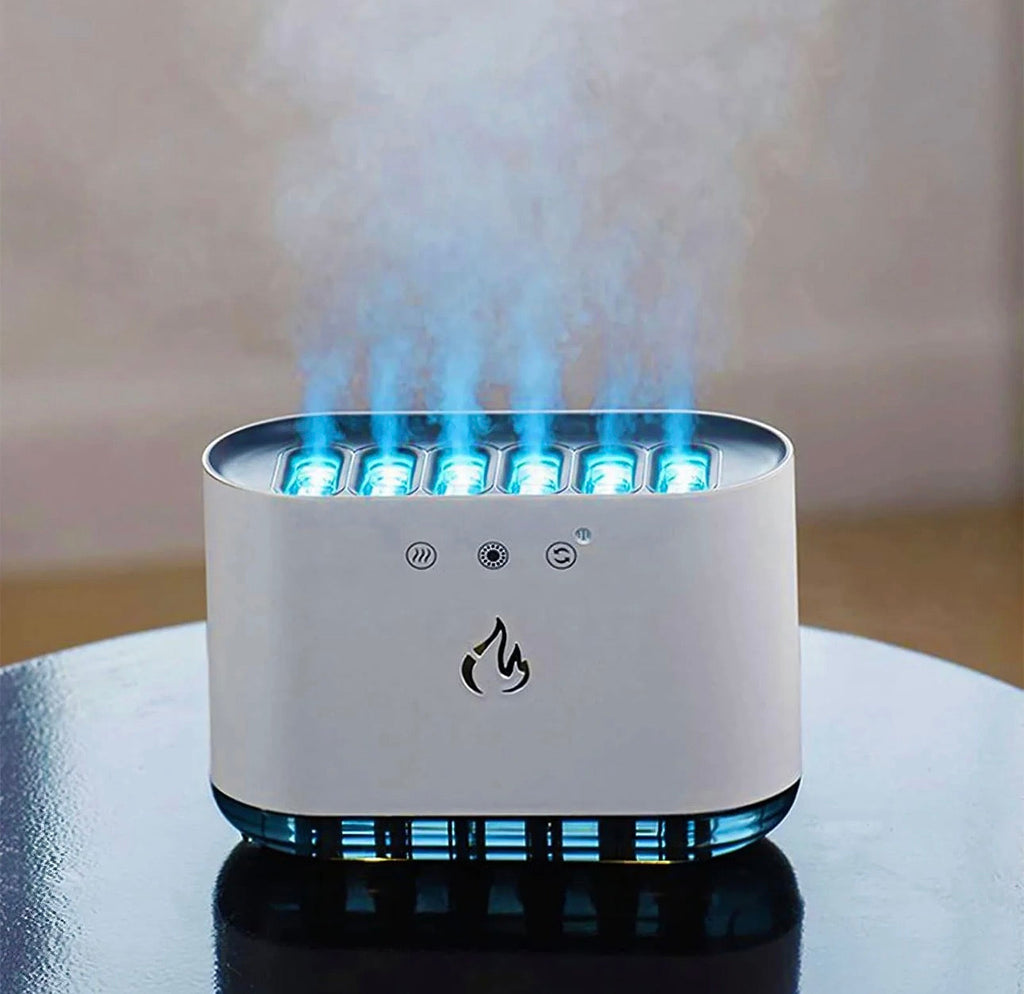 Dynamic Flame Humidifier – 900mL LED Mist Diffuser with 6-Speed Spray & Colorful Flame Light