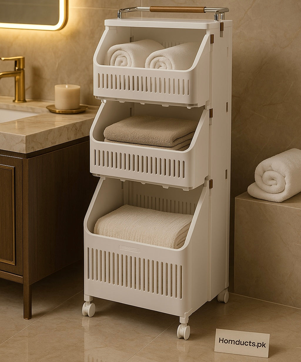3-Tier Multipurpose Storage Rack with Wheels – Bathroom & Laundry Organizer